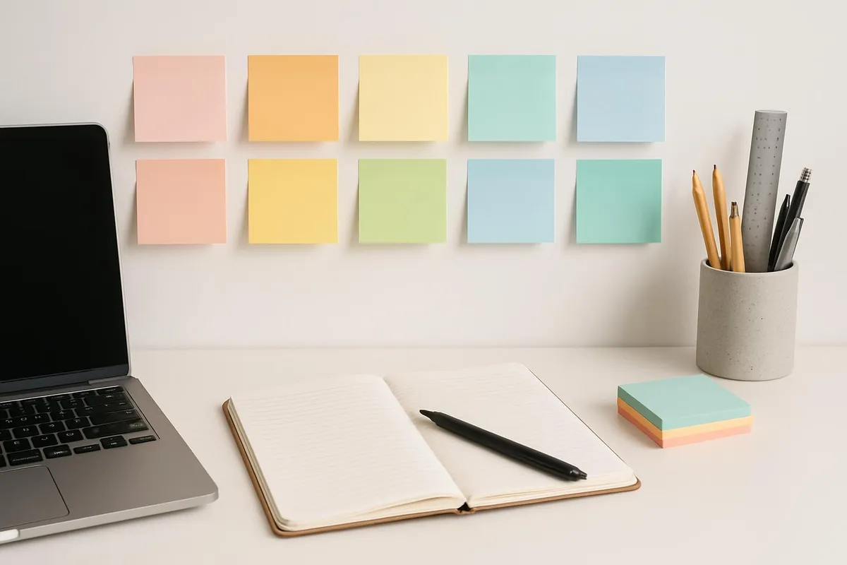 A tidy workspace with colorful sticky notes on a white surface