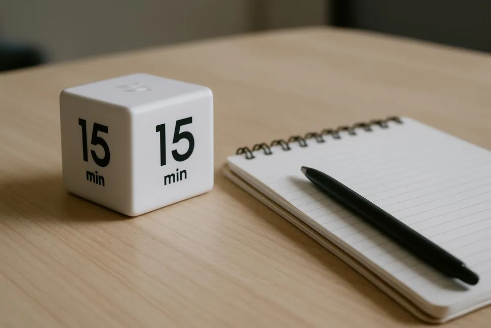 A timer cube and notebook on a desk