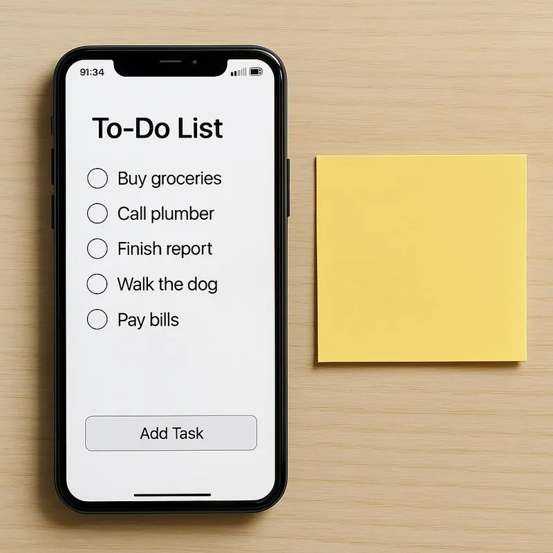 A to-do list app open beside a sticky note