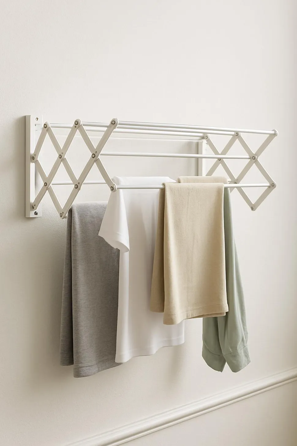 A wall-mounted drying rack perfect for airing out clothes.