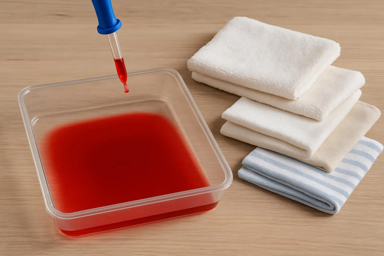 Absorbency test setup with dyed water on a tray and different cloths nearby