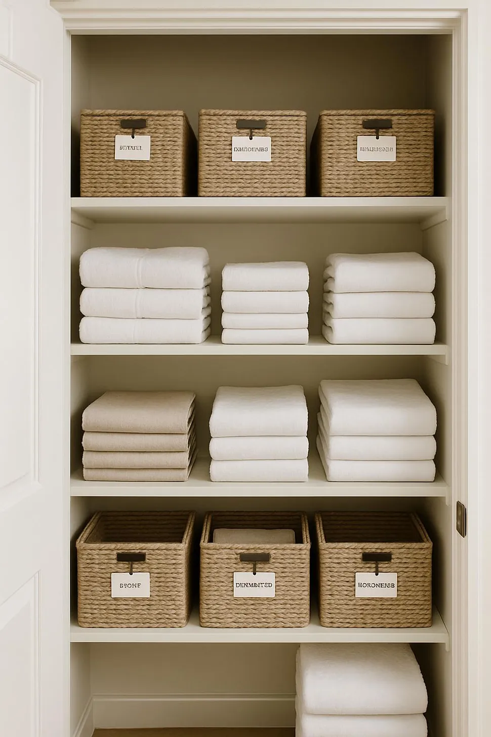 After: a serene linen closet with labeled bins and folded stacks