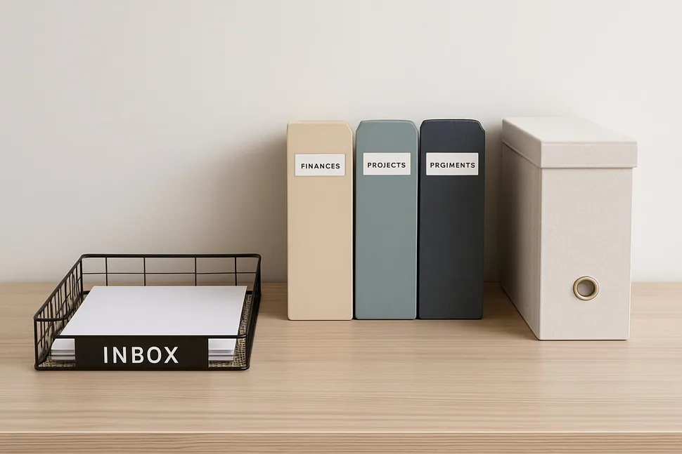 After: calm desk with a single inbox tray, three labeled folders, and a tidy file box.