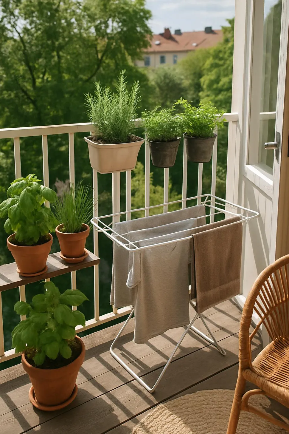 Airy balcony with herbs and a compact drying rack