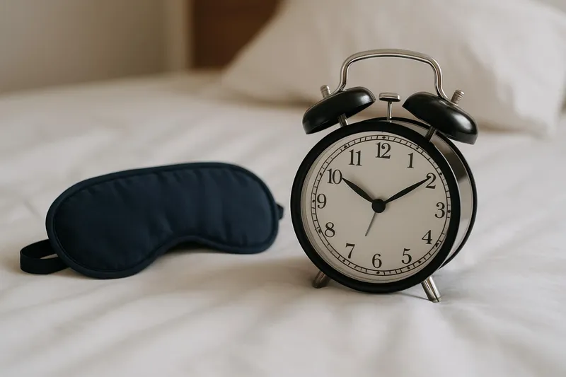 Alarm clock beside a sleeping mask on a bed