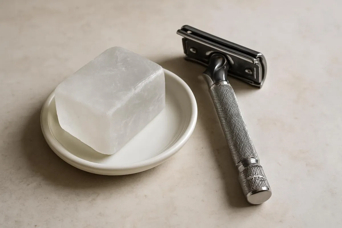 An alum block sitting on a small dish next to a safety razor