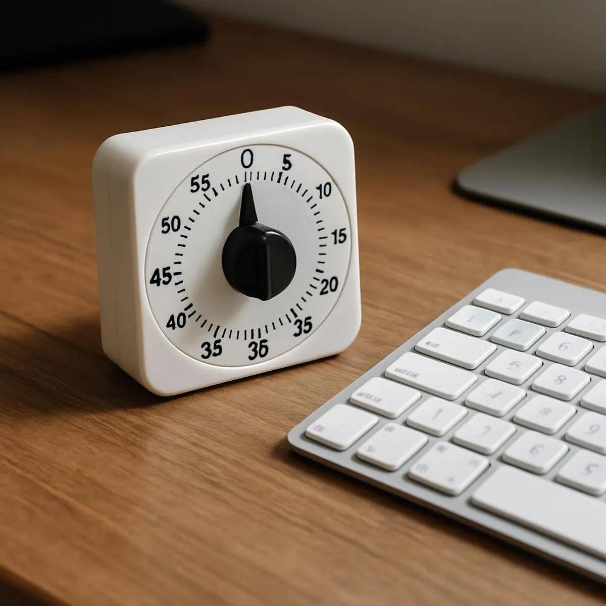 An analog timer on a desk next to a keyboard