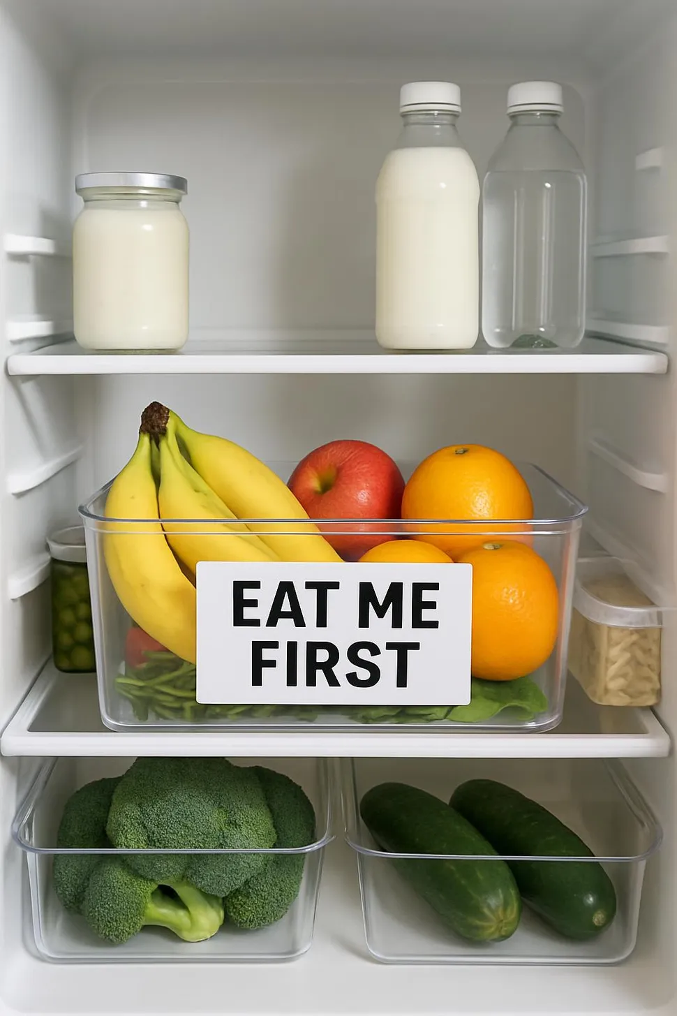 An 'Eat Me First' bin front and center in a tidy fridge.