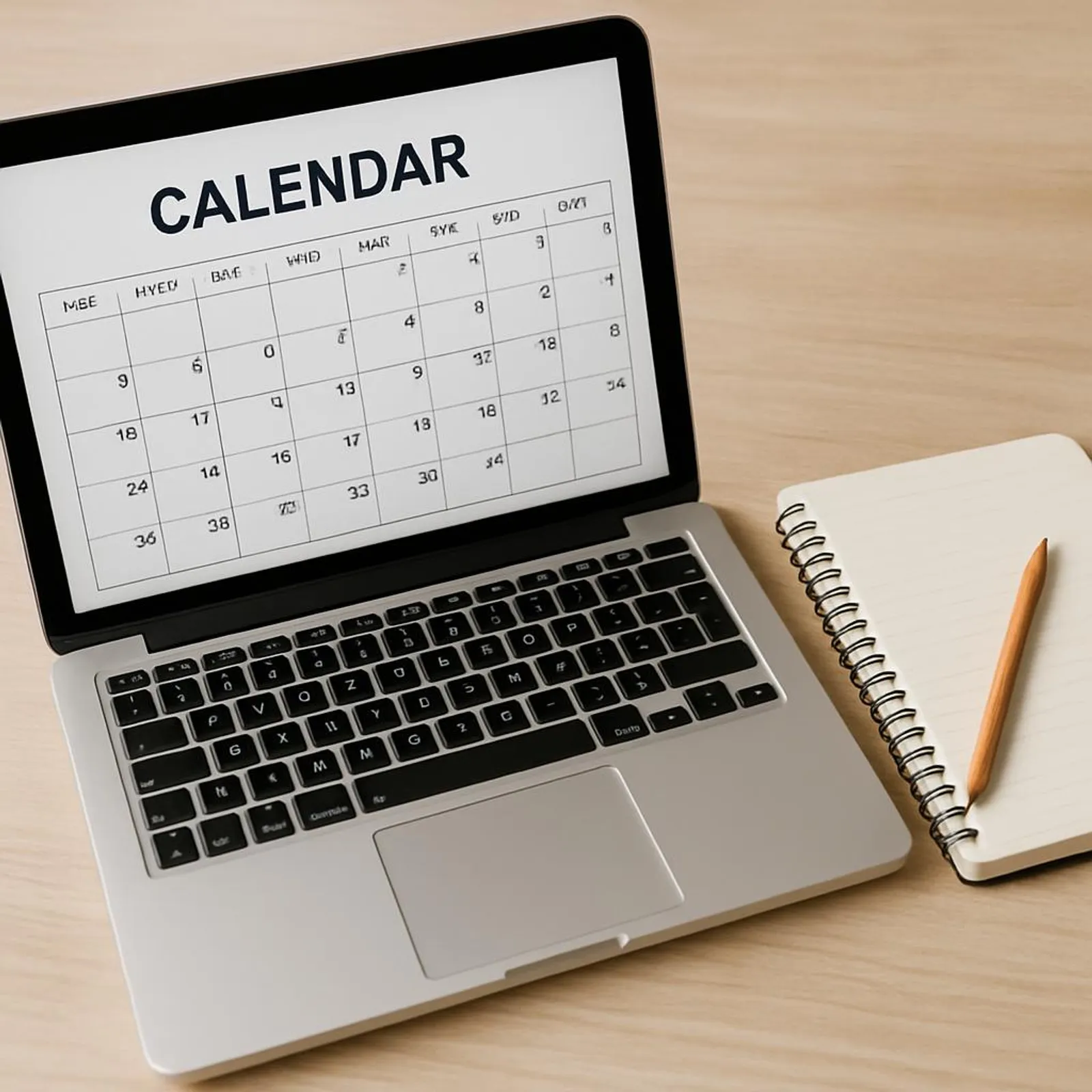 An open calendar on a laptop next to a notebook and pencil