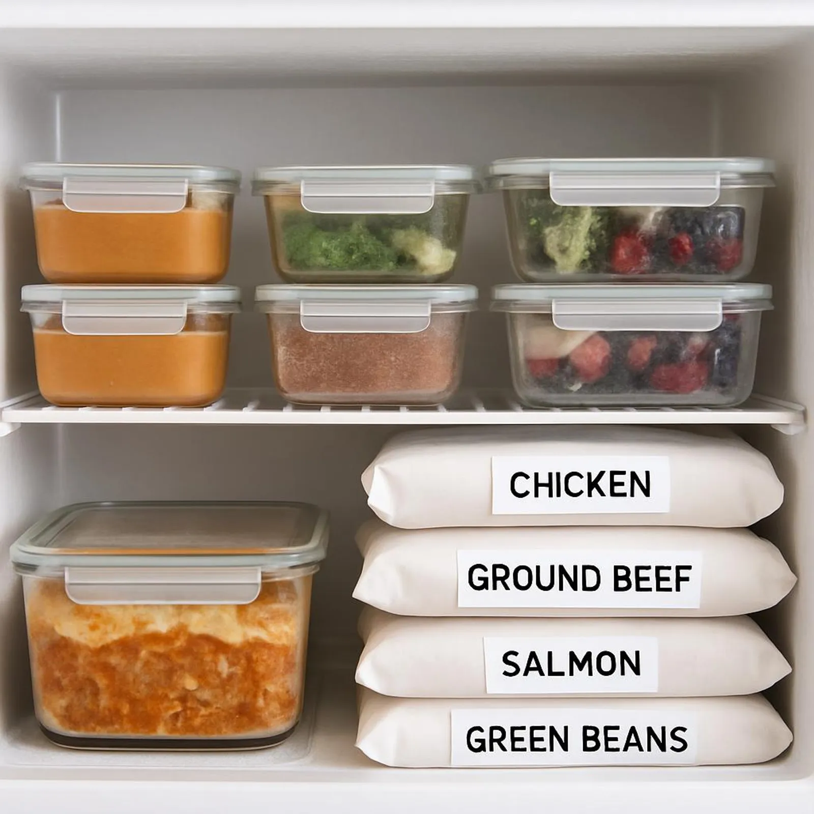An organized freezer with neatly stacked glass containers and labeled packages