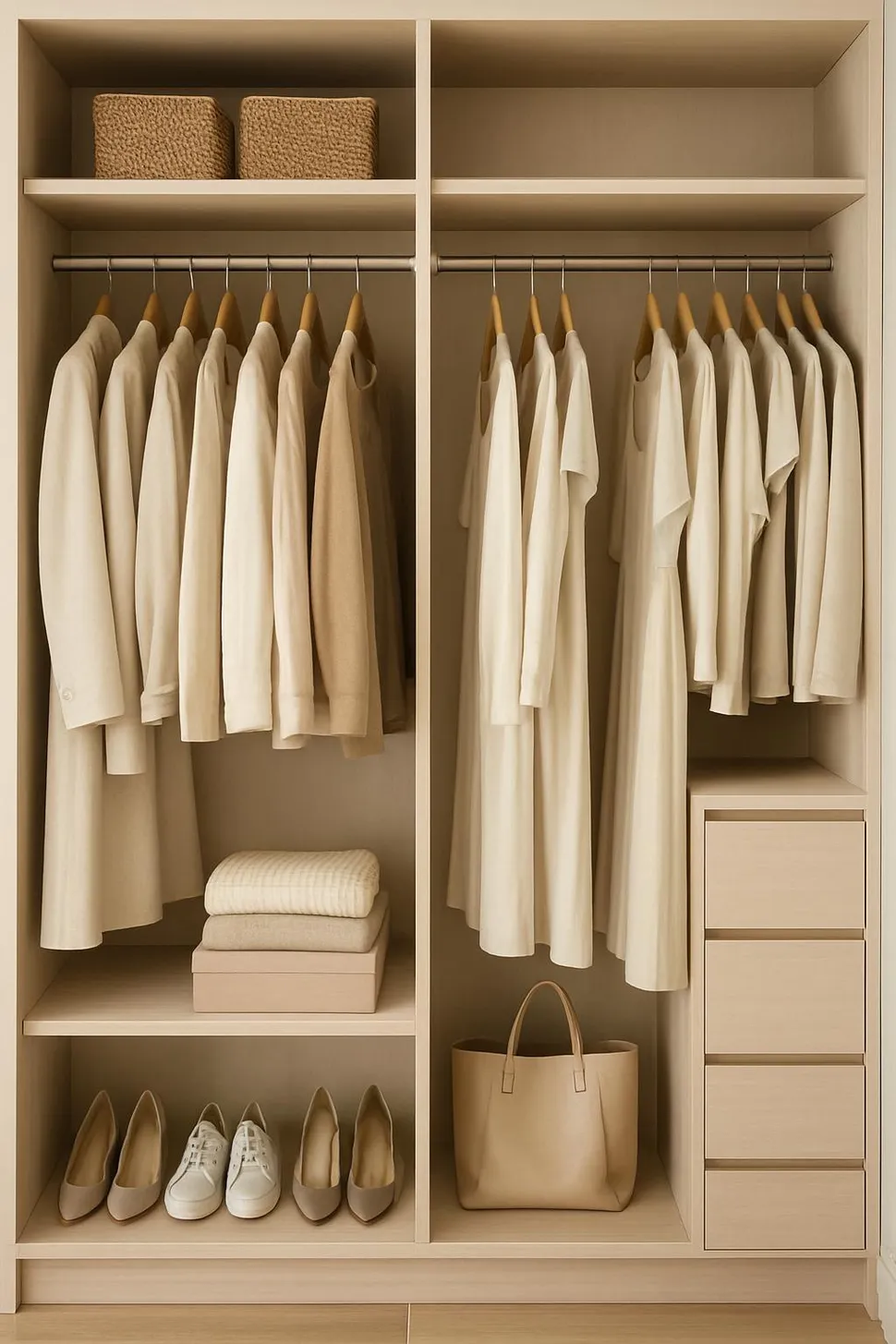 An organized neutral-toned closet with space to breathe.