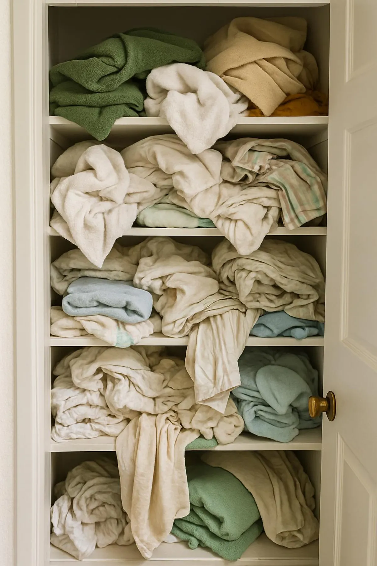 An overstuffed linen closet with mismatched towels and sheets tumbling out