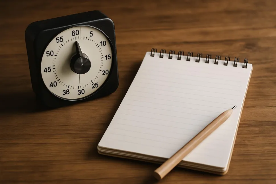 Analog timer and a notepad on a wooden desk