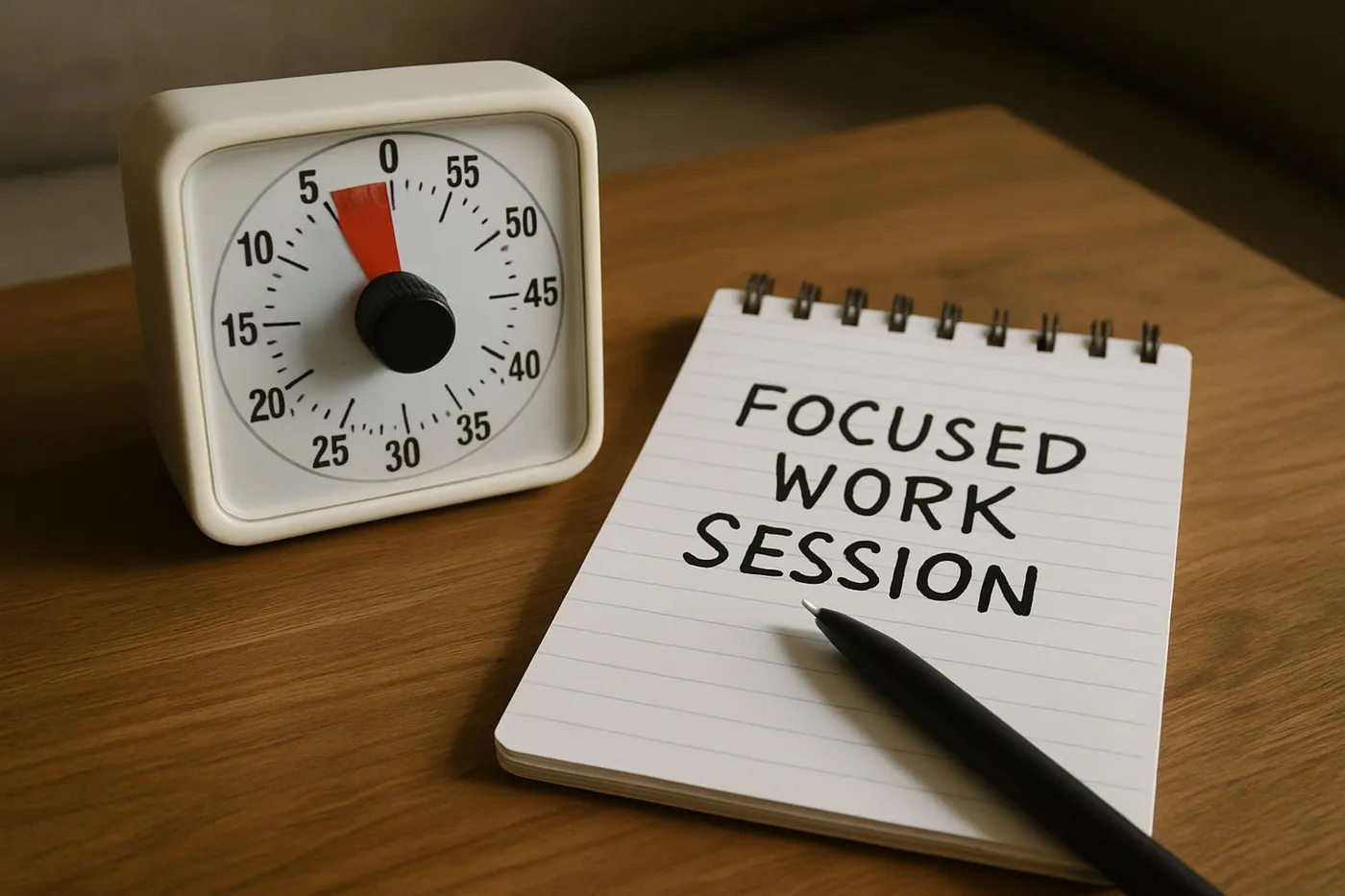 Analog timer and notepad signaling a focused work session