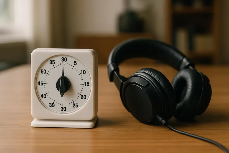 Analog timer on a desk next to headphones.