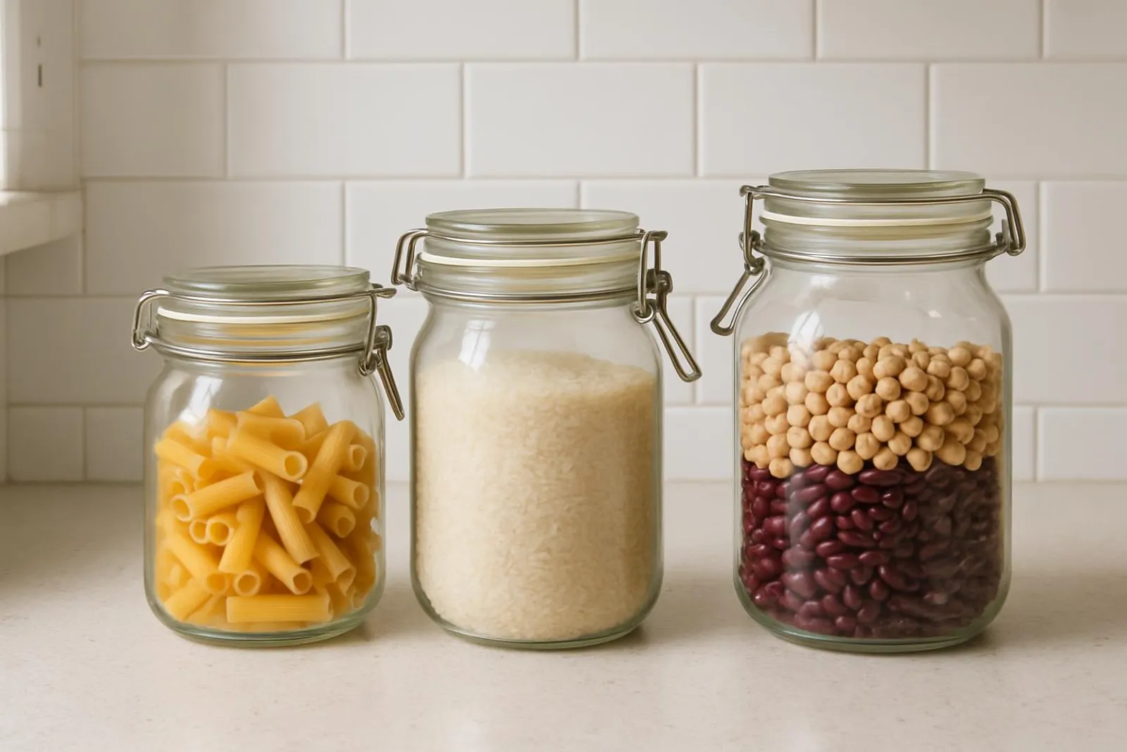 Assorted dry goods like pasta, rice, and beans in glass jars on a kitchen counter