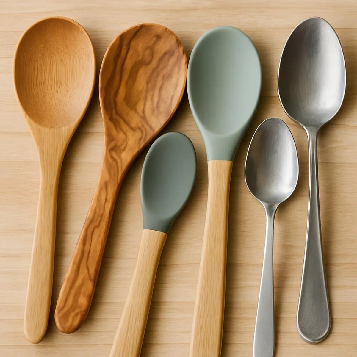 Assorted eco-friendly kitchen utensils including bamboo, silicone, and metal spoons