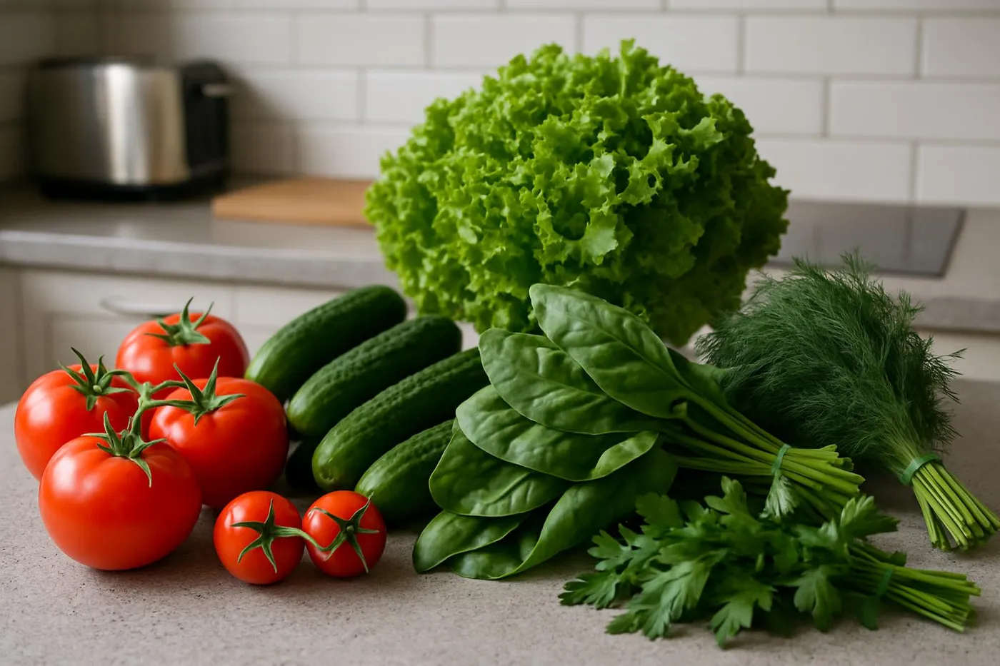 Assorted fresh produce like tomatoes, cucumbers, leafy greens, and herbs on a kitchen counter