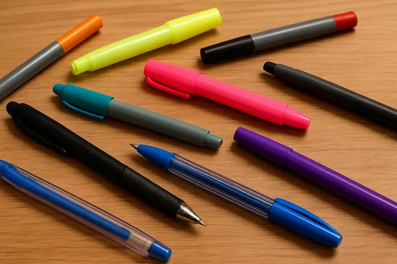 Assorted pens, highlighters and markers scattered on a wood desk