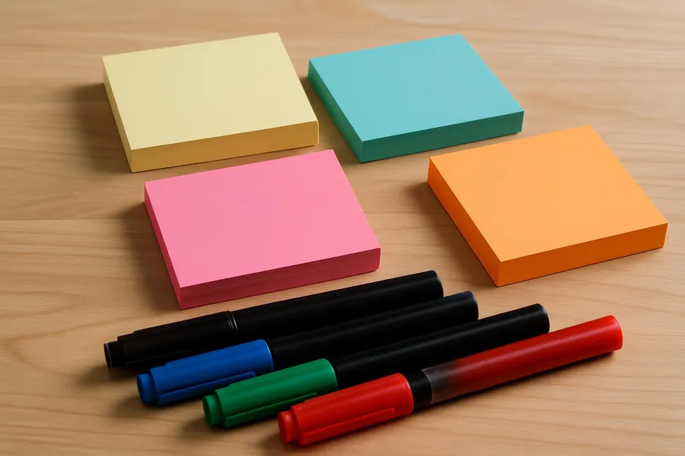 Assorted sticky notes and markers ready for setup