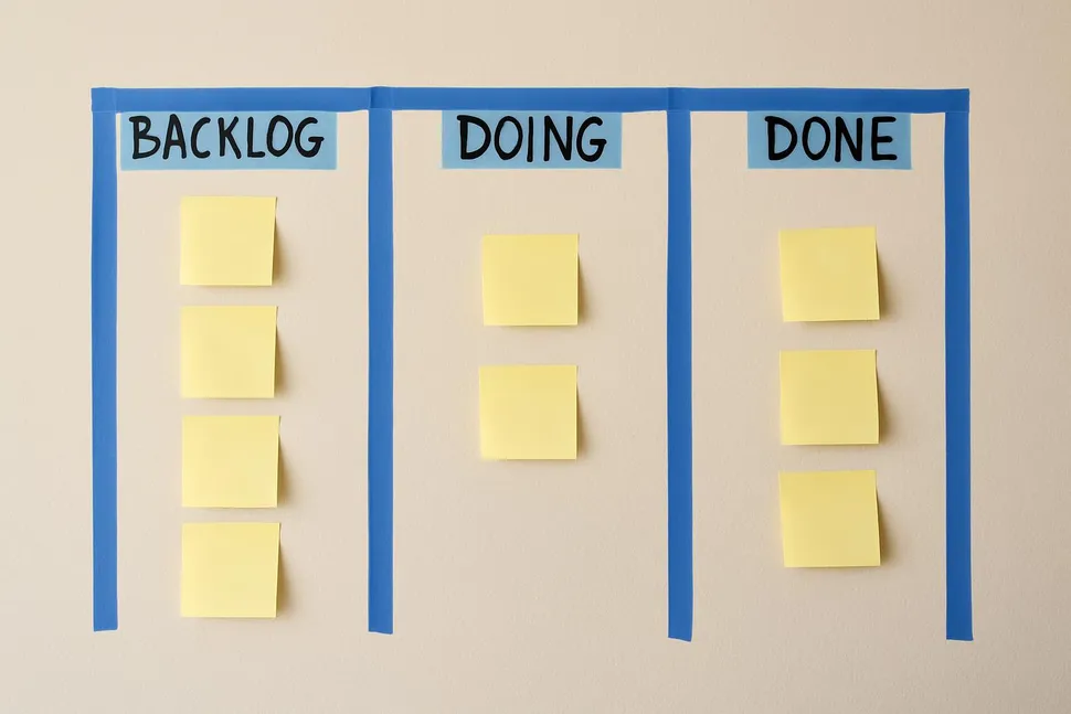 Backlog, Doing, Done columns labeled with painter's tape