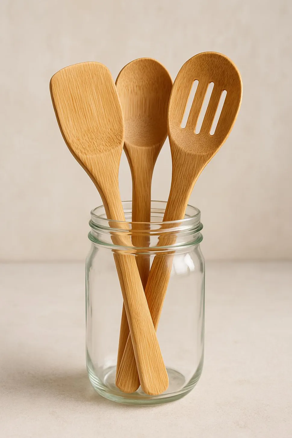 Bamboo cooking spoons in a glass jar