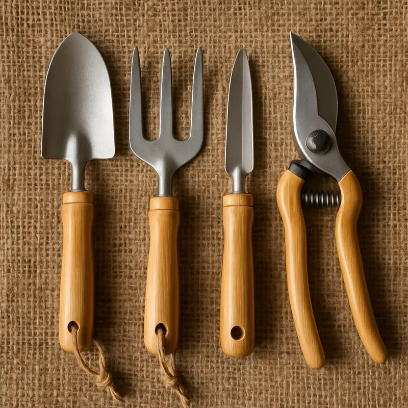 Bamboo gardening tools laid on jute fabric