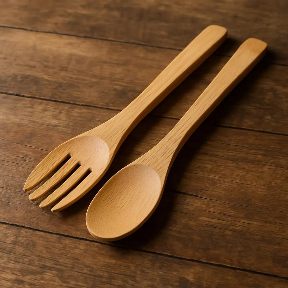 Bamboo salad tongs on a wooden table