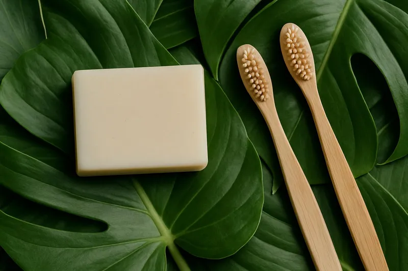 Bar soap and bamboo toothbrushes on plant leaves