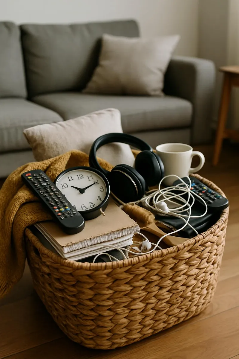 Basket full of clutter from living room