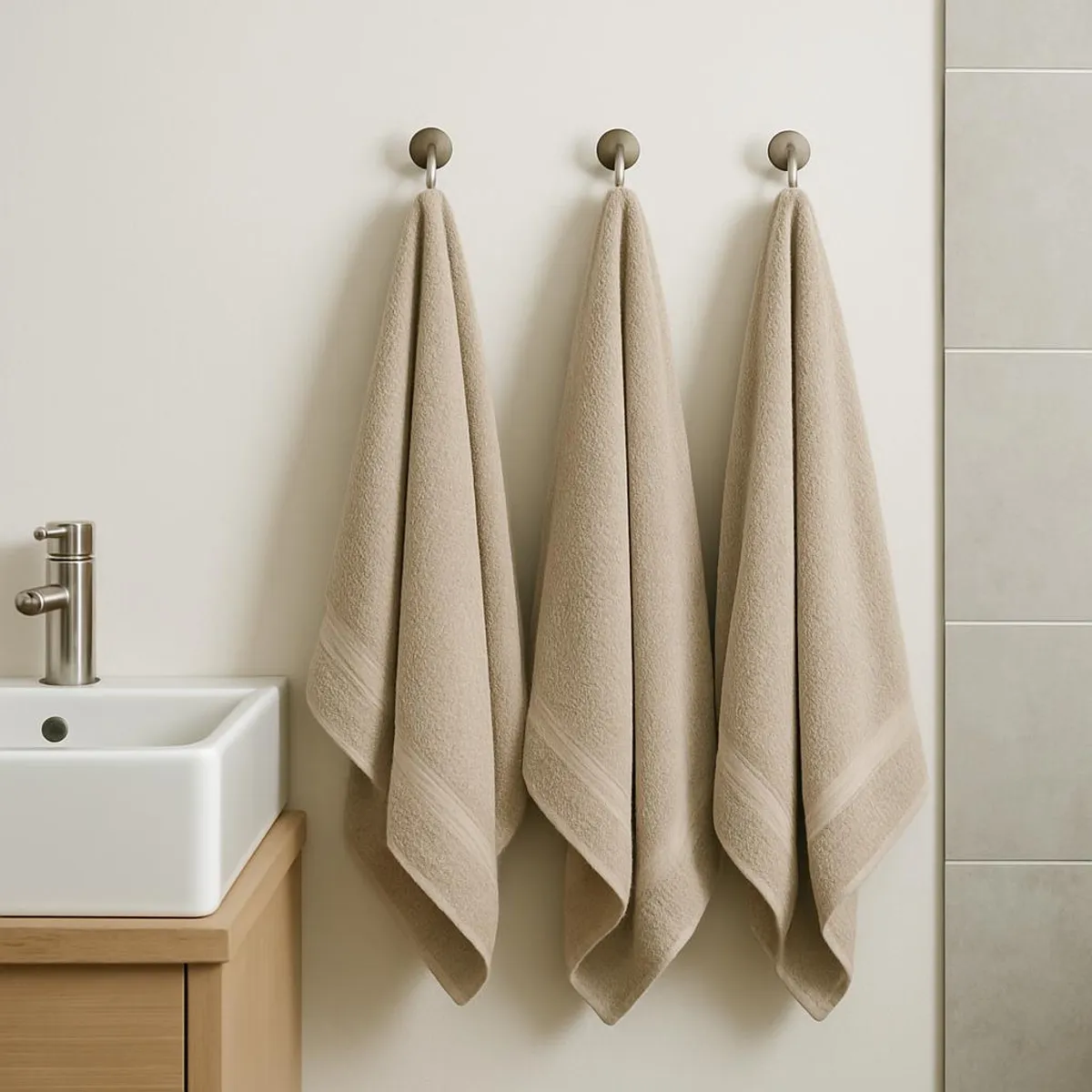Bathroom with simple hooks and two matching towels hung neatly