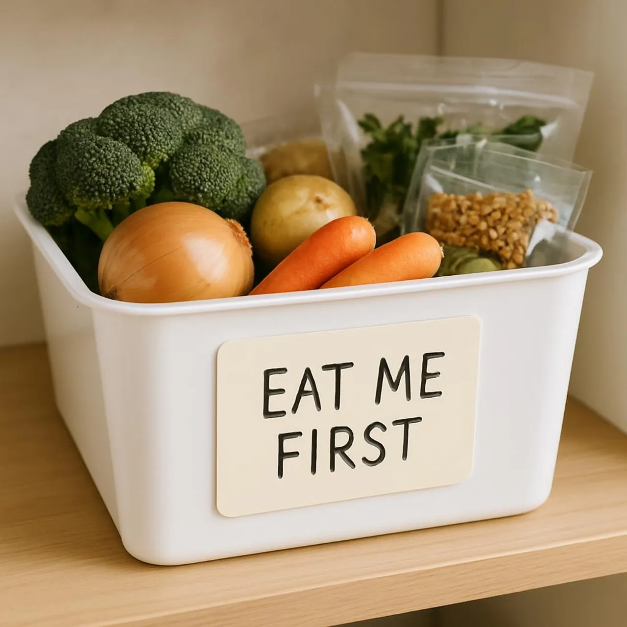 Beautifully labeled 'Eat Me First' bin with ready-to-cook ingredients.