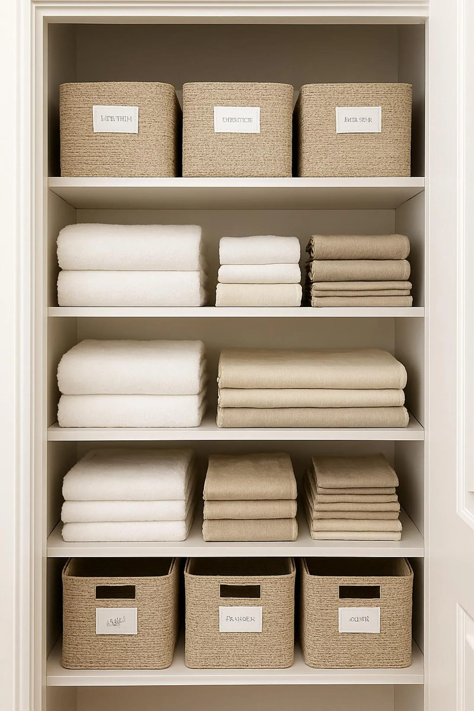 Beautifully organized linen closet with neutral linens, labeled bins, and tidy stacks