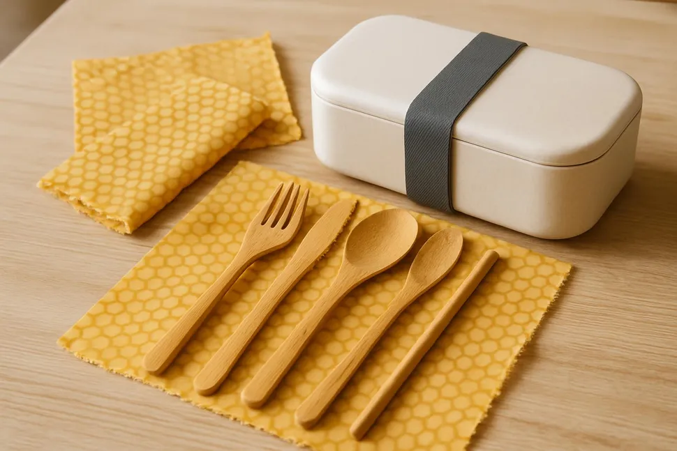 Beeswax wraps, bamboo cutlery, and bento box on a table