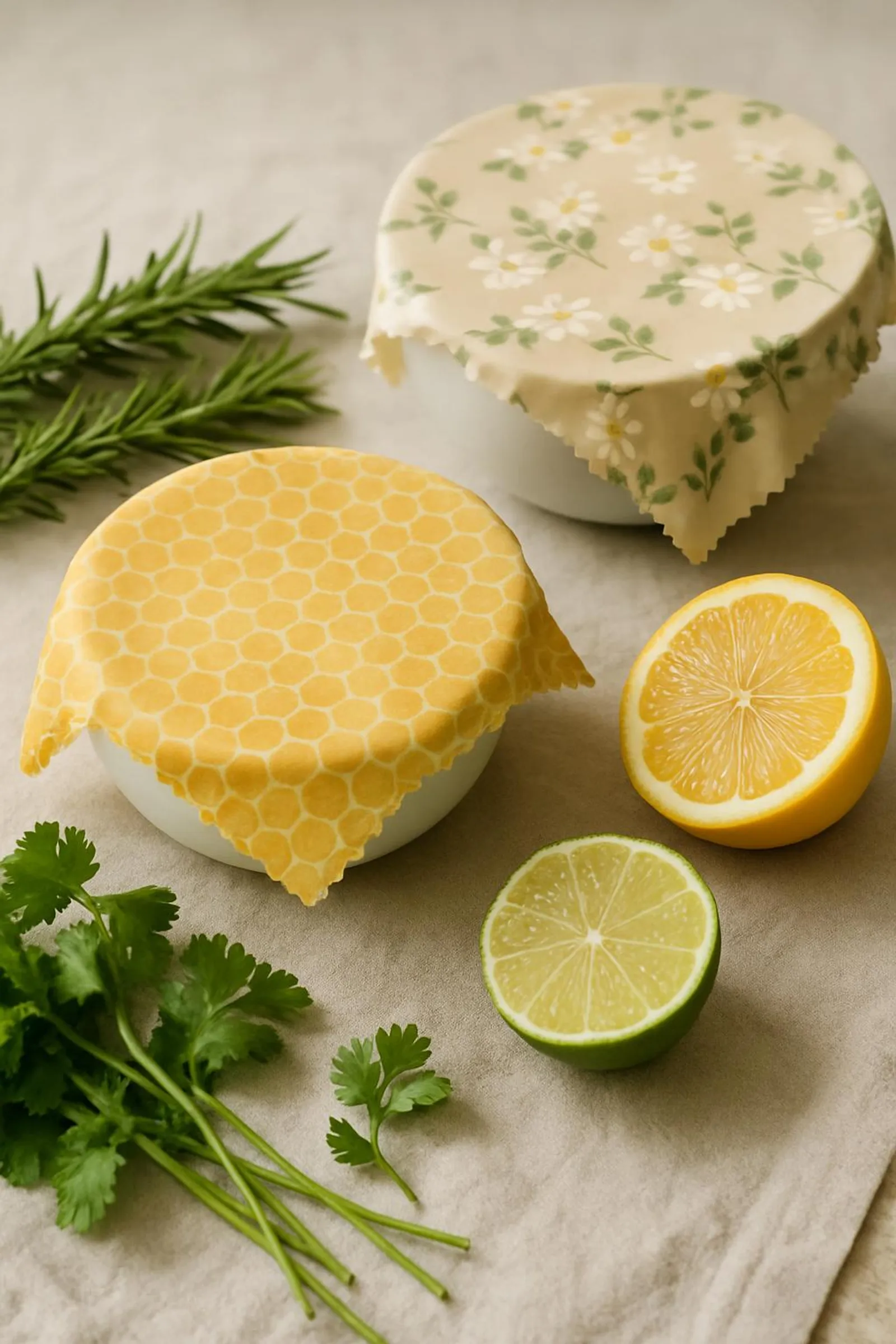 Beeswax wraps covering bowls with herbs and sliced citrus nearby