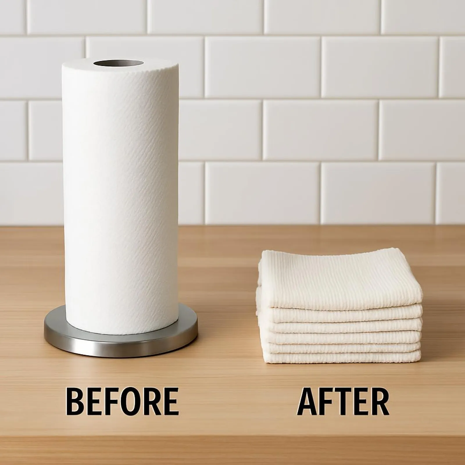 Before and after: a paper towel roll replaced by a tidy stack of reusable cloths