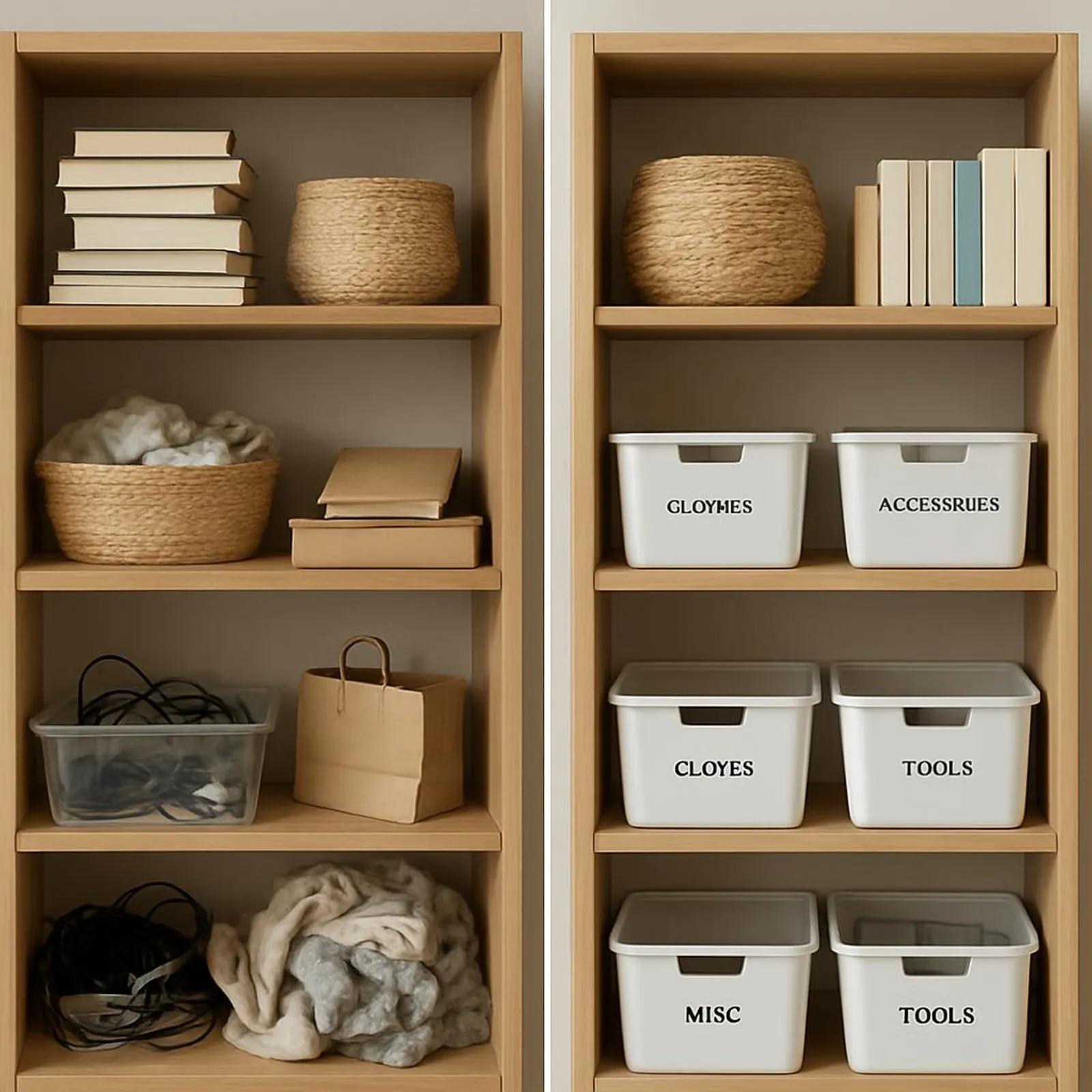 Before and after concept: left messy shelf, right organized shelf with labels