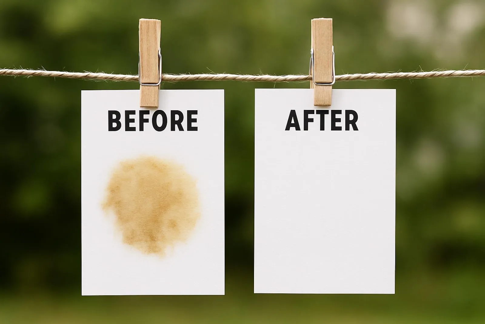 Before-and-after laundry stain cards clipped on a line for comparison.