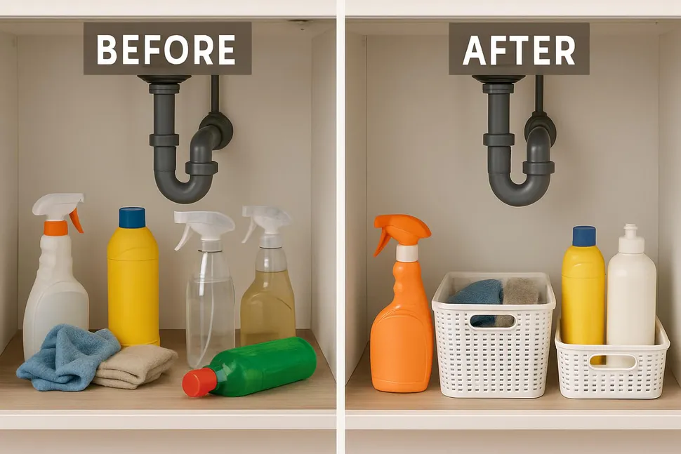Before and after of an under-sink area, showing organized bins and bottles