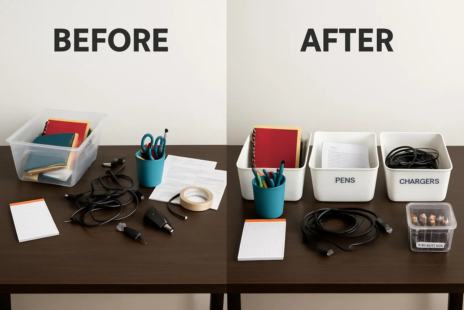 Before and after organizing setup on a table with labels and bins