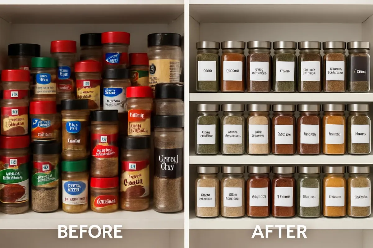 Before and after side-by-side of a spice shelf transformation