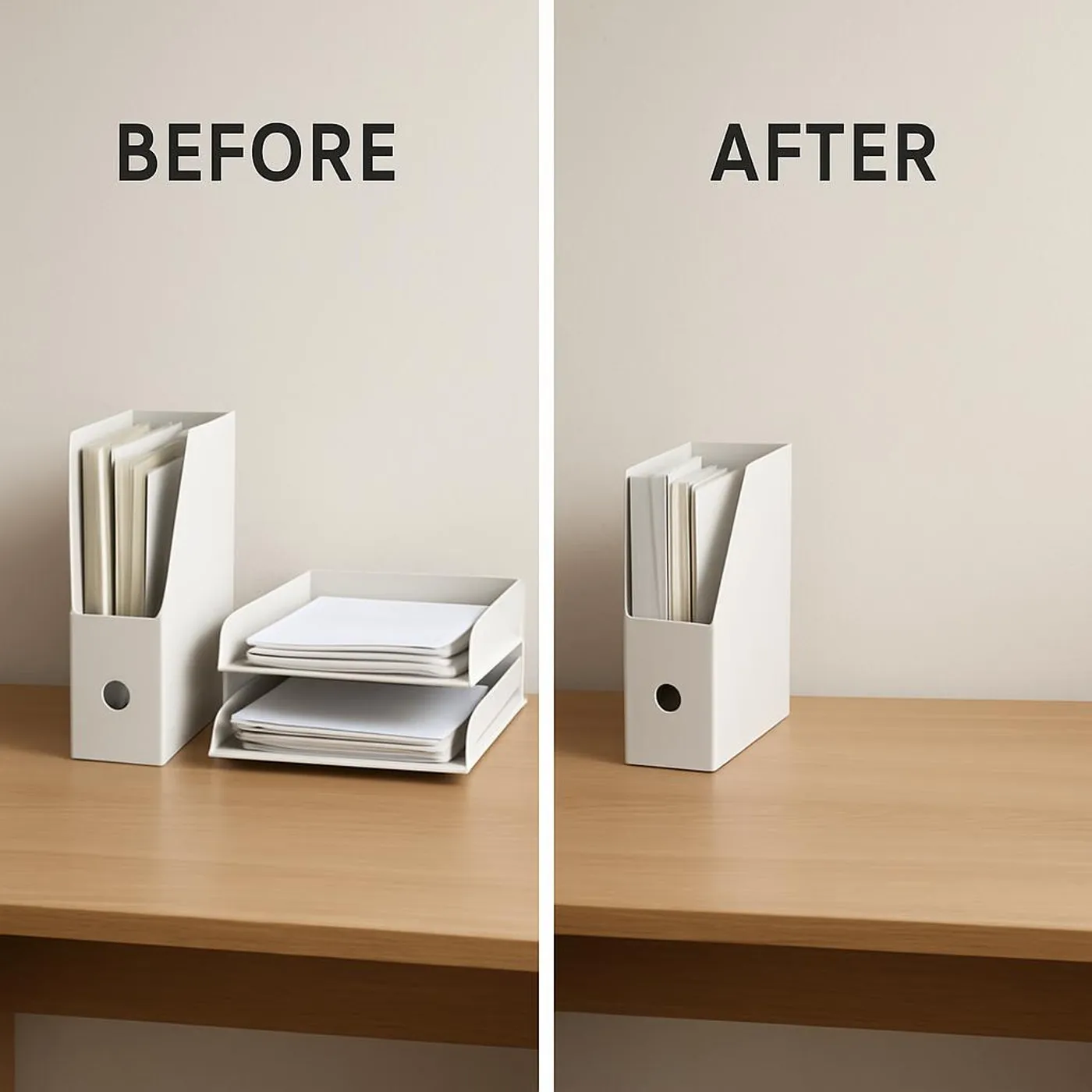 Before and after vibe: clean desk with a single file box and tray