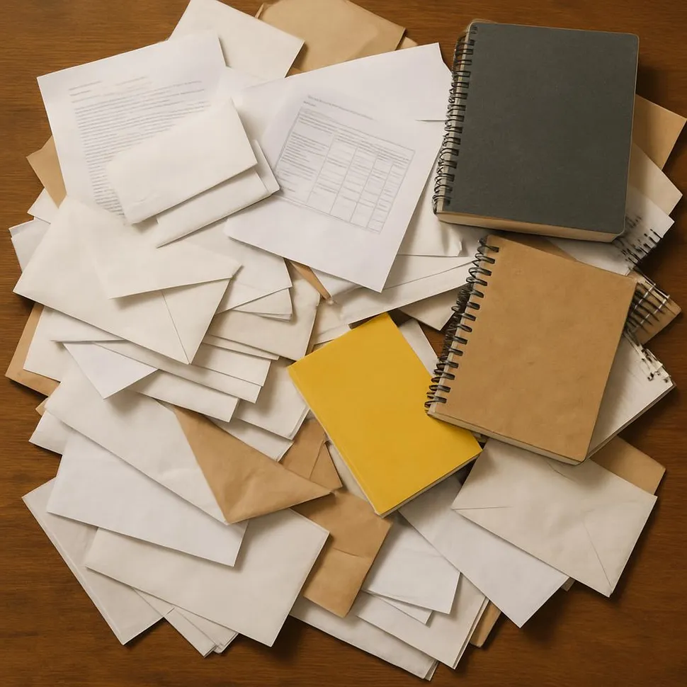 Before: chaotic pile of papers, envelopes, and random notebooks on a table.