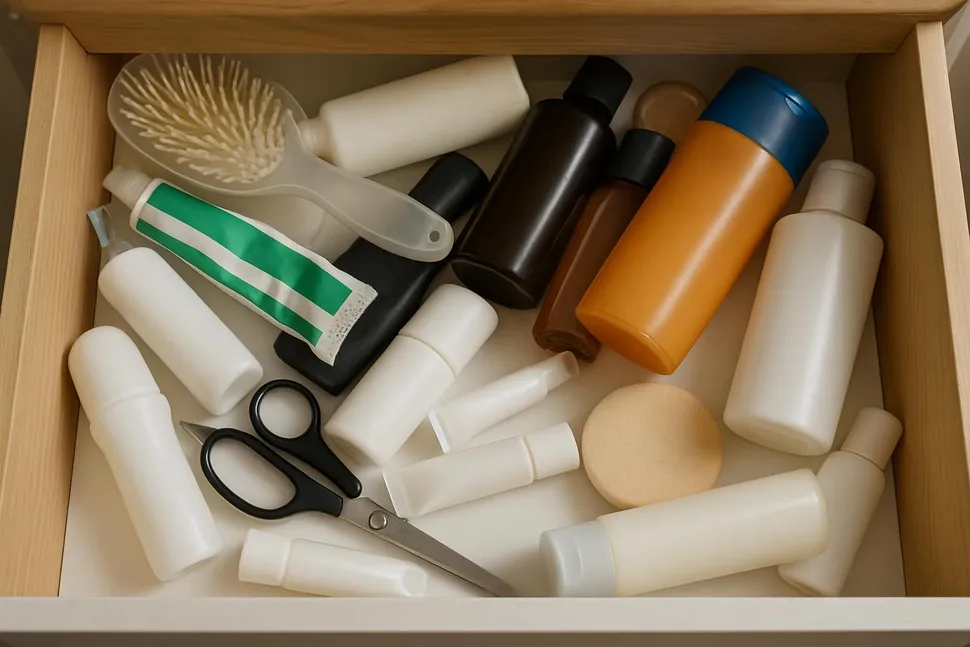 Before: cluttered drawer with mixed products