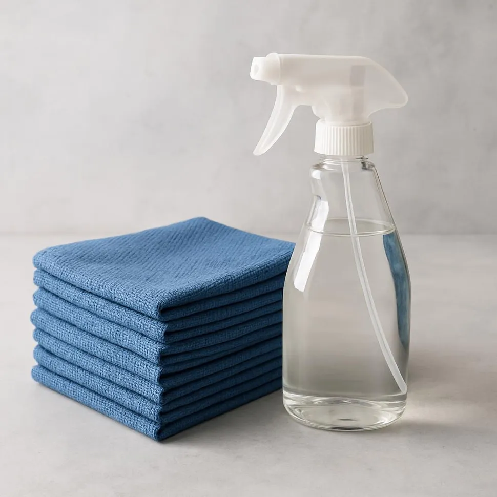 Blue huck towels folded next to a spray bottle