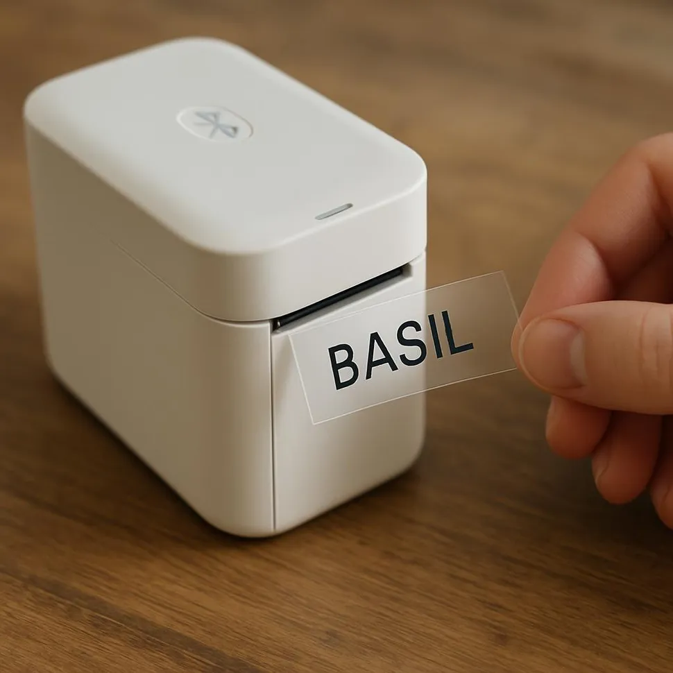 Bluetooth label maker printing a clear spice label