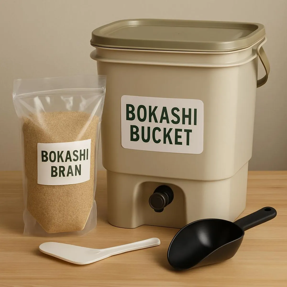 Bokashi bucket kit arranged on a table: bucket, bran, and tools
