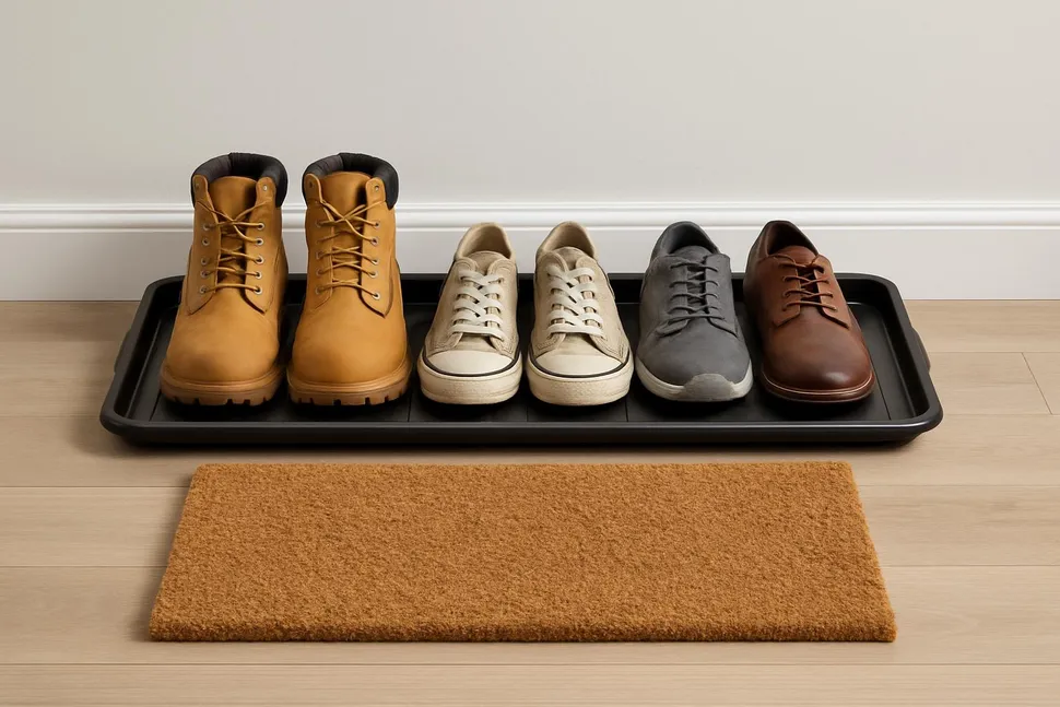 Boot tray with lined-up shoes and a sturdy doormat