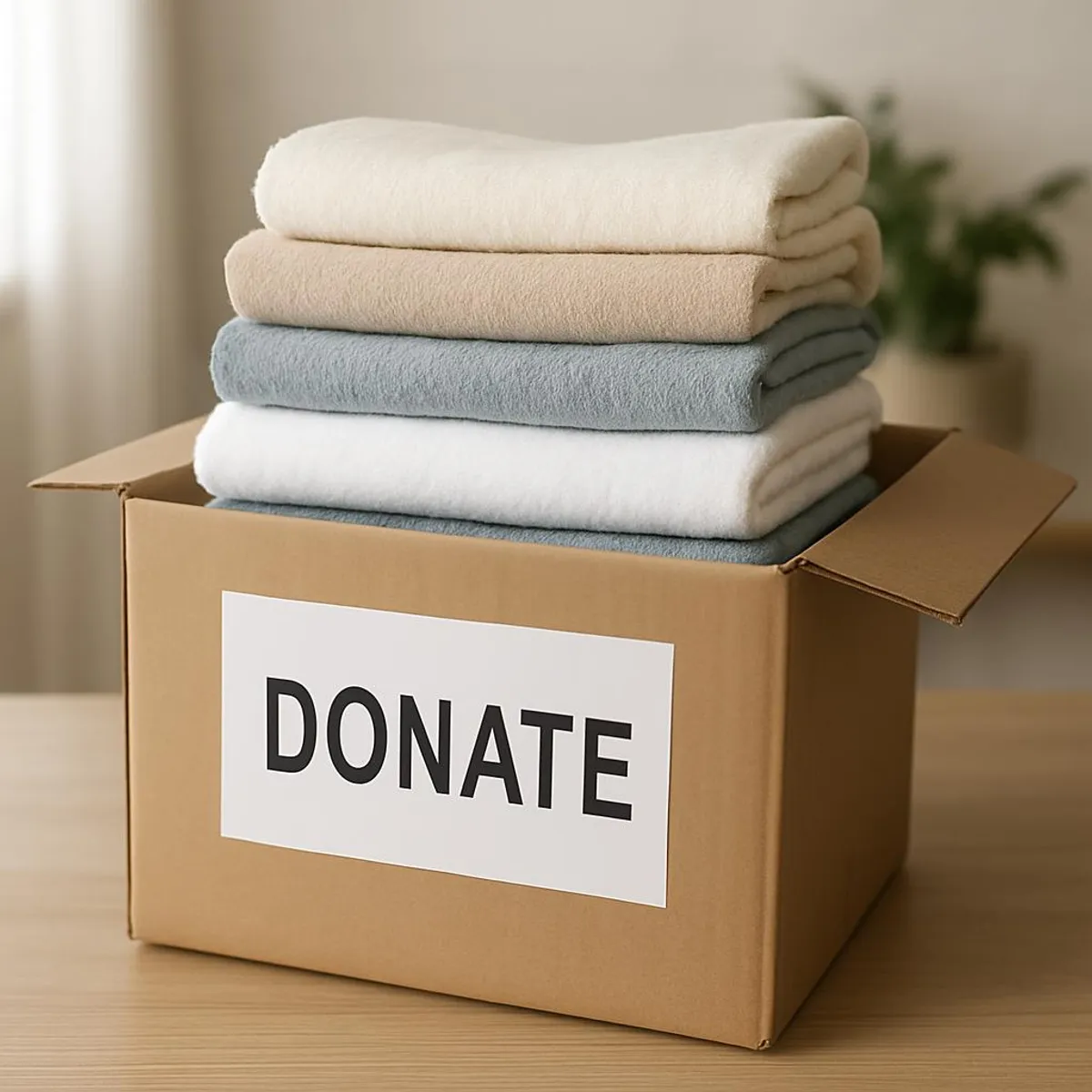 Box labeled Donate with neatly folded towels ready to go