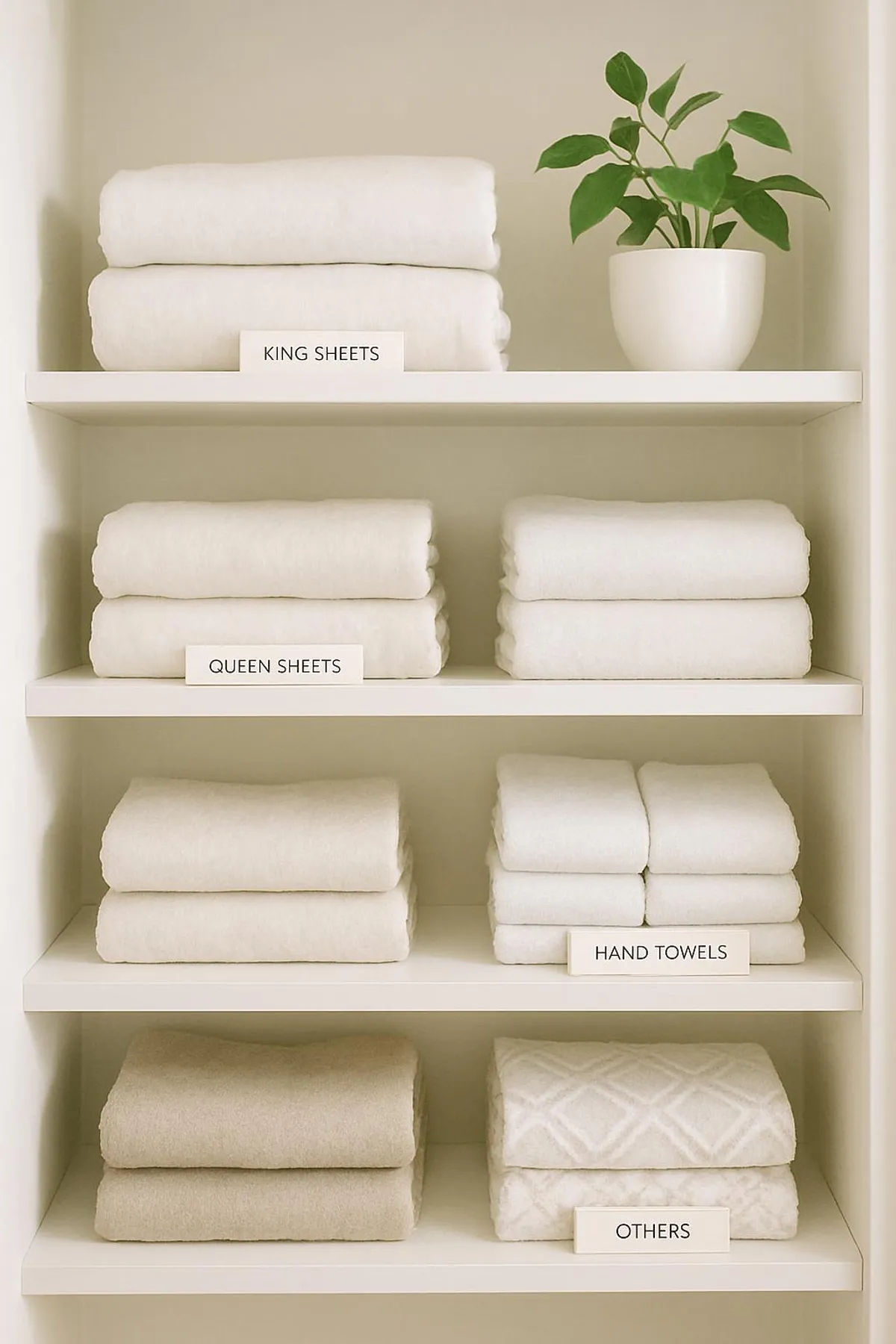 Bright, airy linen shelves with simple labels and a plant